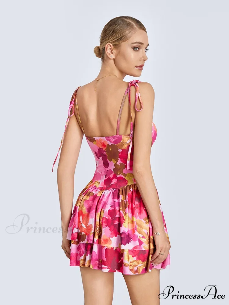 Mini Dress Tied Spaghetti Strap Frilly Hem Short Dress - Image 5