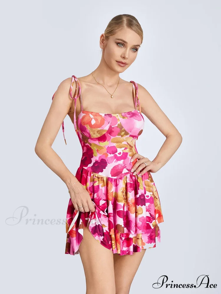 Mini Dress Tied Spaghetti Strap Frilly Hem Short Dress - Image 6