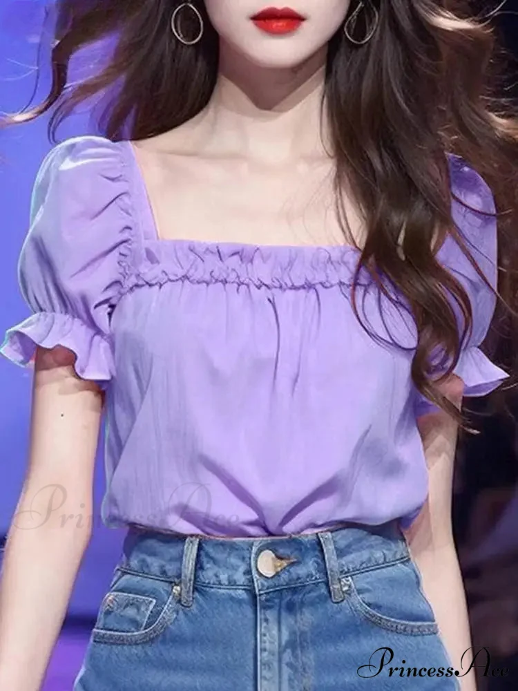 Monochromatic Frilled Square Neck Short Sleeve Blouse - Image 2