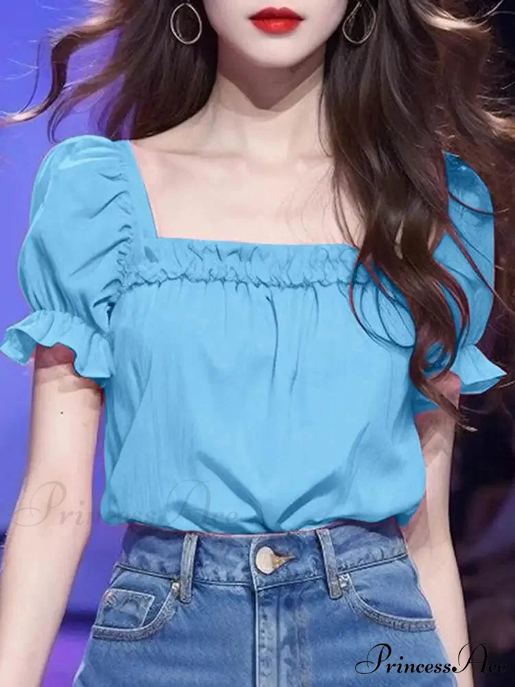 Monochromatic Frilled Square Neck Short Sleeve Blouse - Image 4
