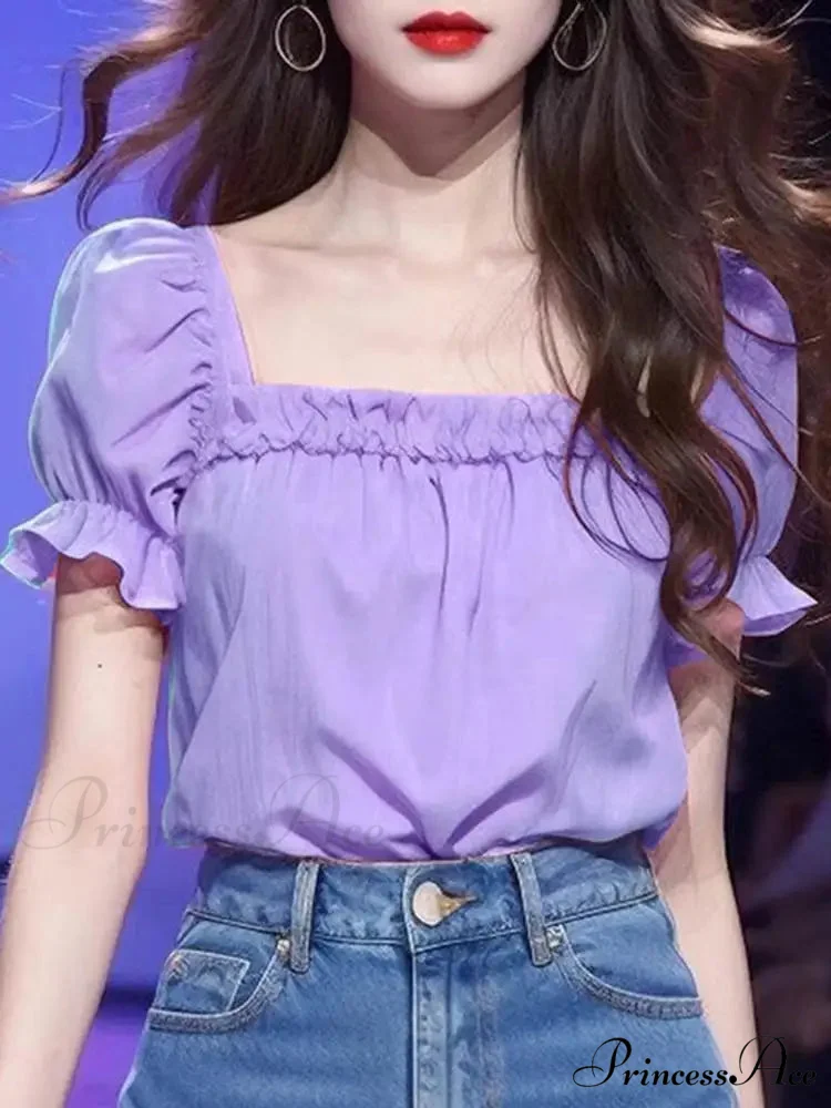 Monochromatic Frilled Square Neck Short Sleeve Blouse - Image 5