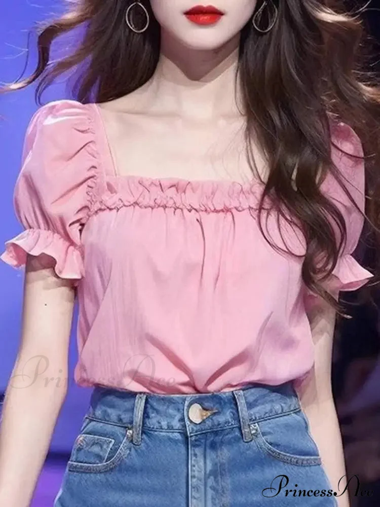 Monochromatic Frilled Square Neck Short Sleeve Blouse - Image 6