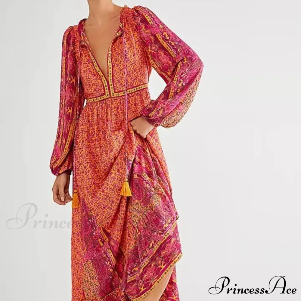 Monochromatic Hue V-neck Flounce Sleeve Summer Boho Dress - Image 3