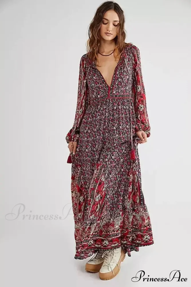 Monochromatic Hue V-neck Flounce Sleeve Summer Boho Dress - Image 4