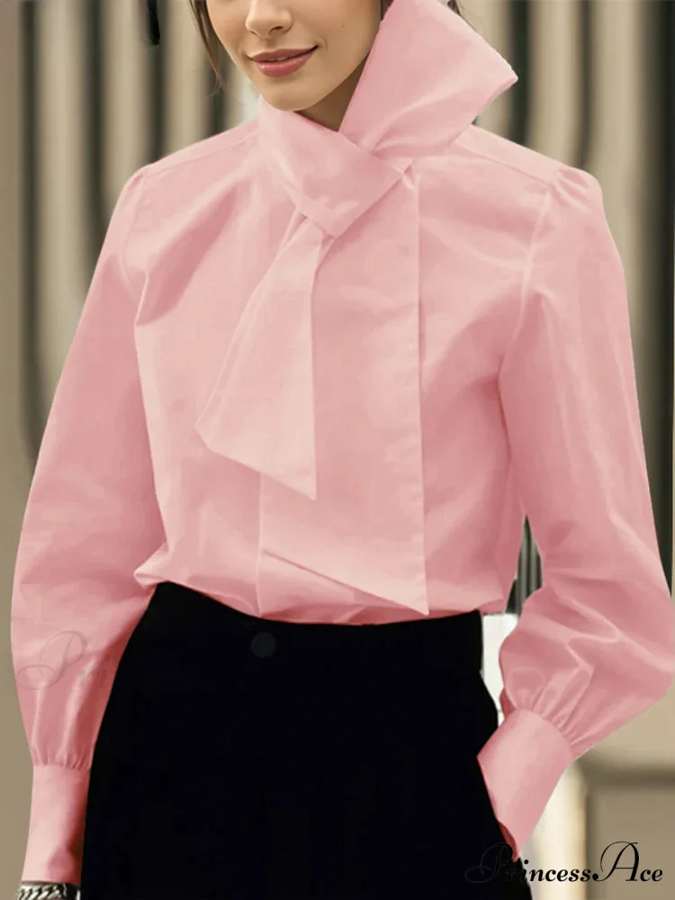 Monochromatic Necktie Bow Collar Extended Sleeve Blouse - Image 2