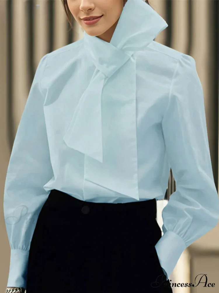 Monochromatic Necktie Bow Collar Extended Sleeve Blouse - Image 3