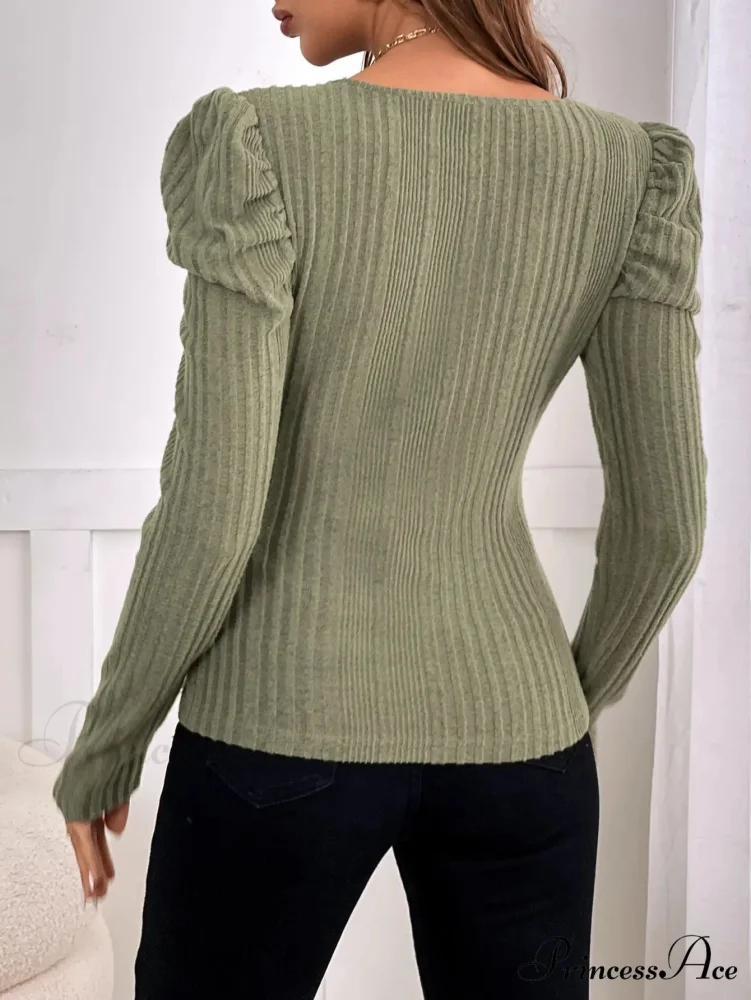 Monochromatic Shade Partially Uncovered Neck Fall Fitted Knit Top - Image 2