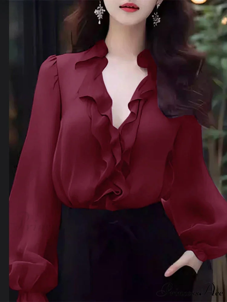 Monochrome Frilled Plunging Neckline Balloon Sleeve Blouse - Image 2