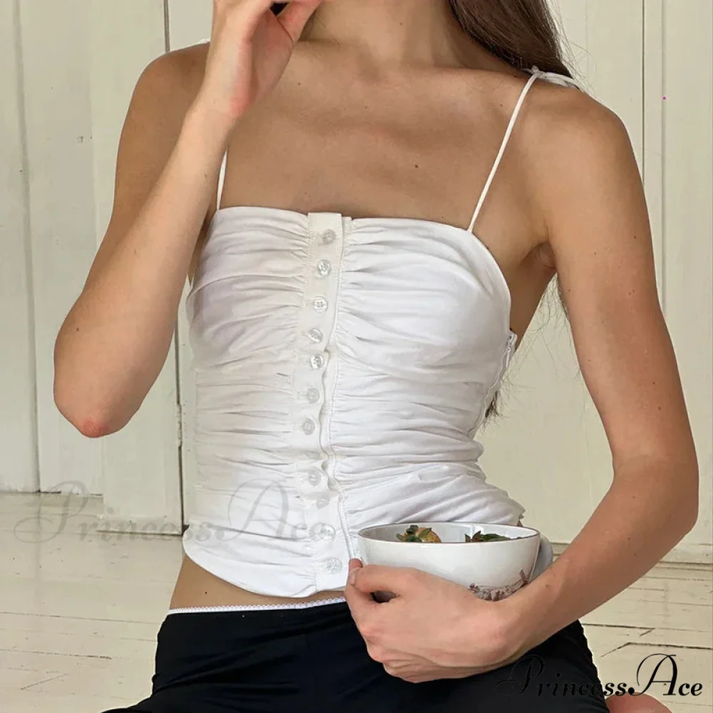 Most Adorable Open-Back Summer Ivory Tank Retro Buttons Gathered Tie-Up 2000s Crop Top