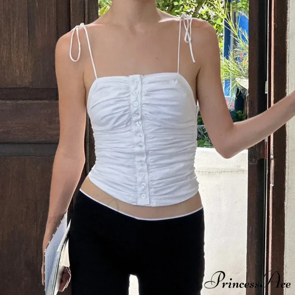 Most Adorable Open-Back Summer Ivory Tank Retro Buttons Gathered Tie-Up 2000s Crop Top - Image 2