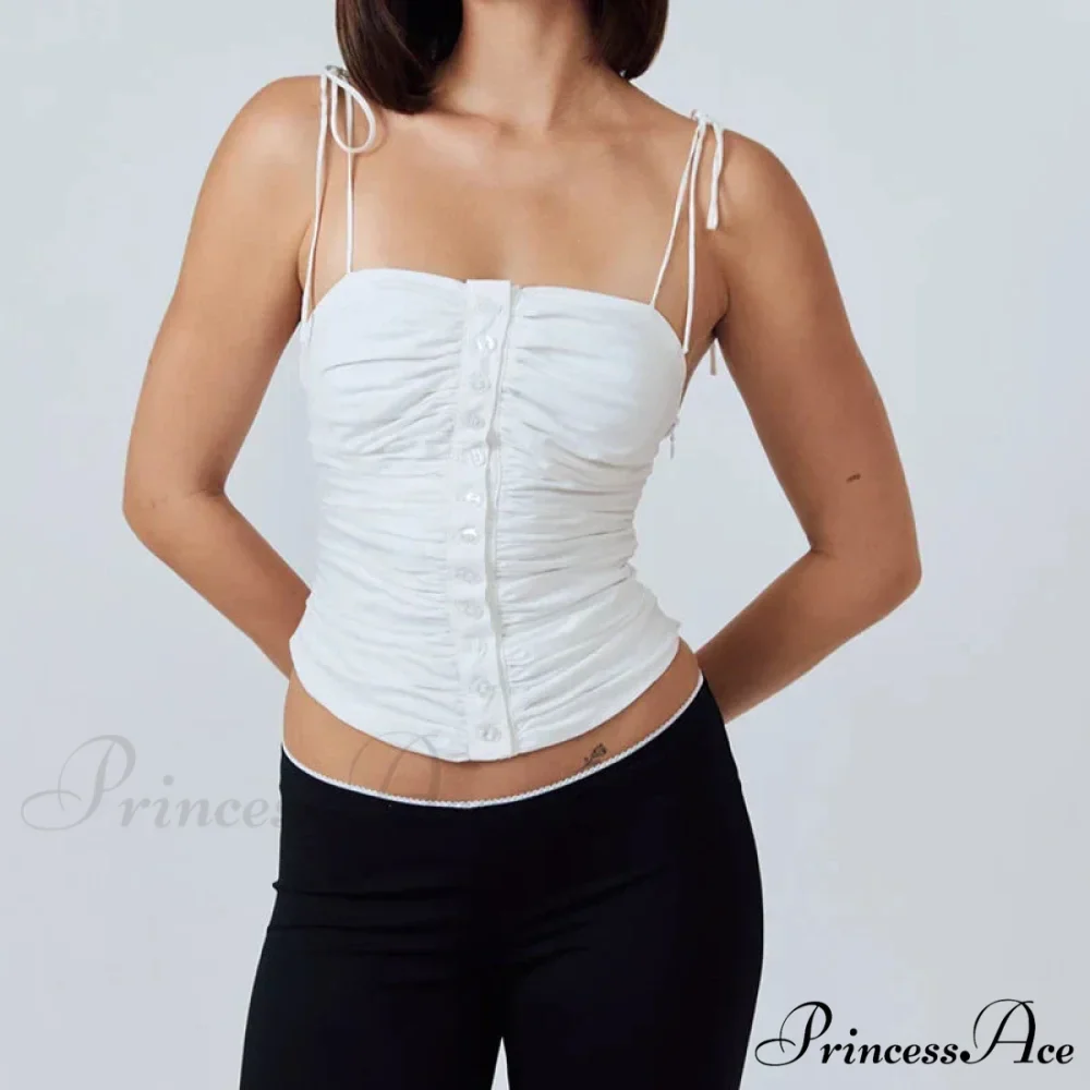 Most Adorable Open-Back Summer Ivory Tank Retro Buttons Gathered Tie-Up 2000s Crop Top - Image 3
