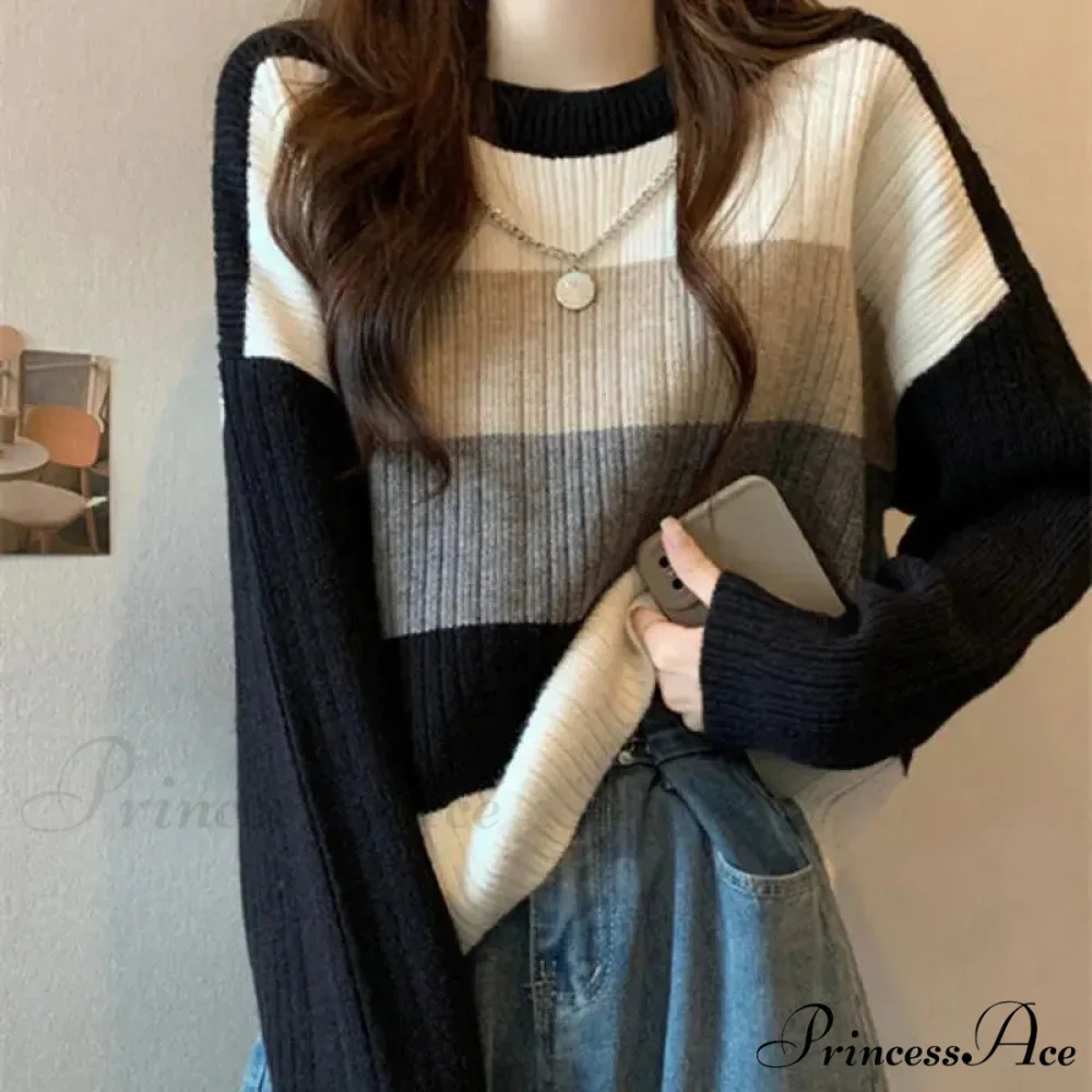 Multi-Hued Patchwork Relaxed Fit Slimming Sweater - Image 2