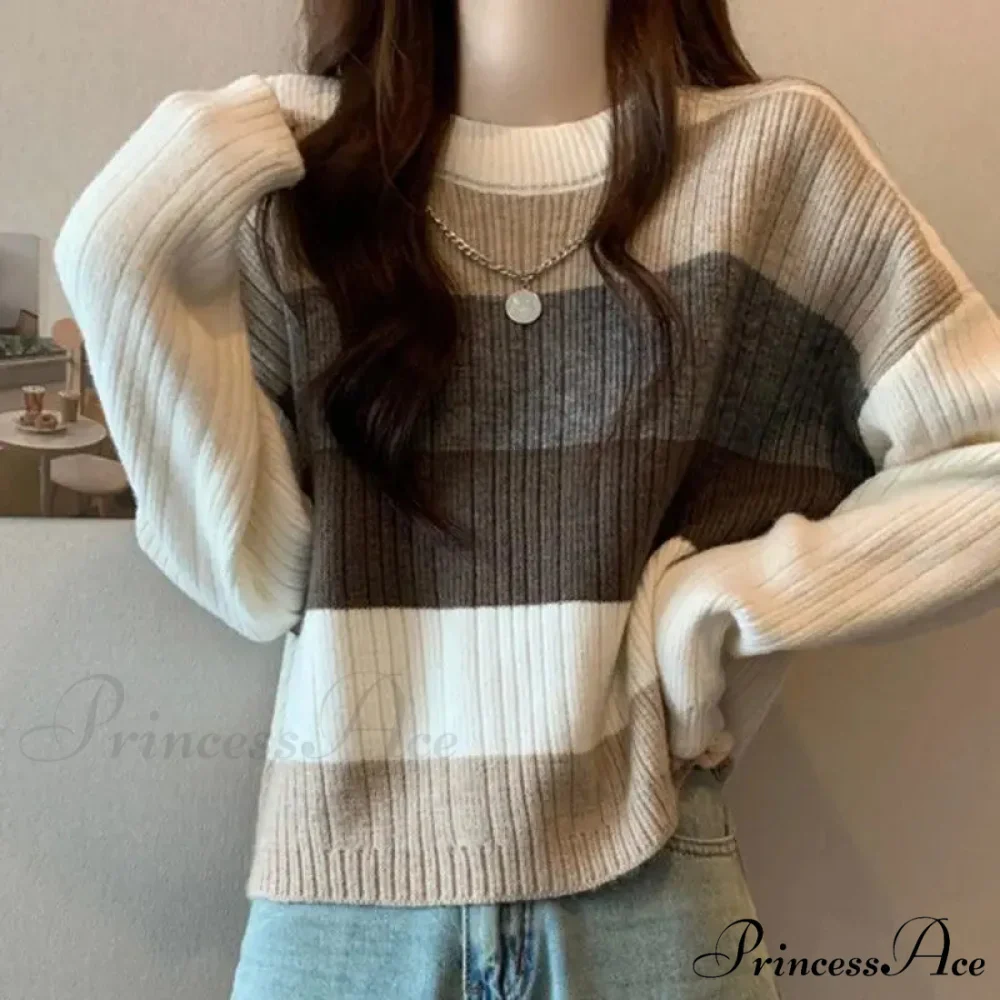 Multi-Hued Patchwork Relaxed Fit Slimming Sweater - Image 3