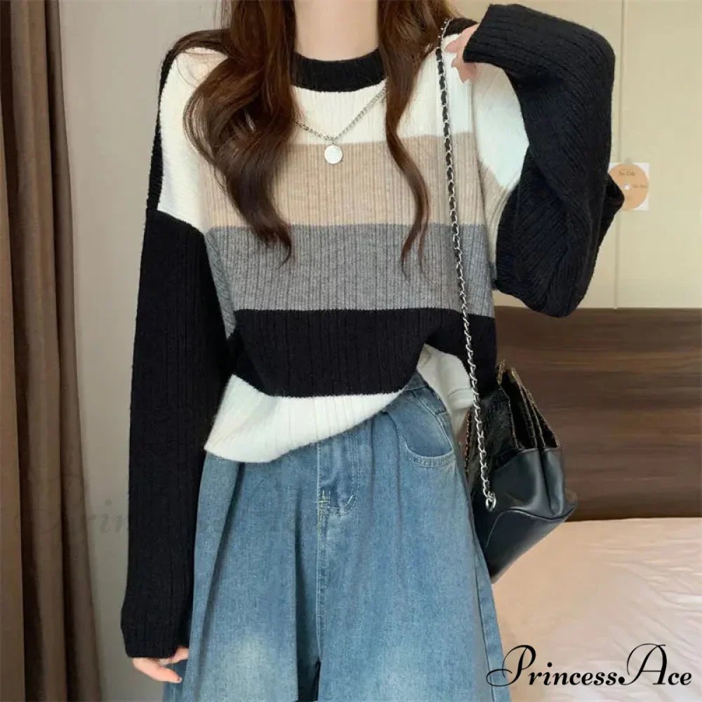 Multi-Hued Patchwork Relaxed Fit Slimming Sweater - Image 6