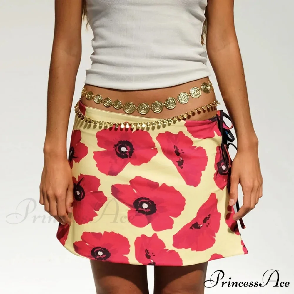 Multi-wear design Flower Pattern Mini Skirt Crop Tops Women Slim Low Waist Side Split Tie-Up Bodycon Skirt Y2K Vintage Streetwear - Image 2