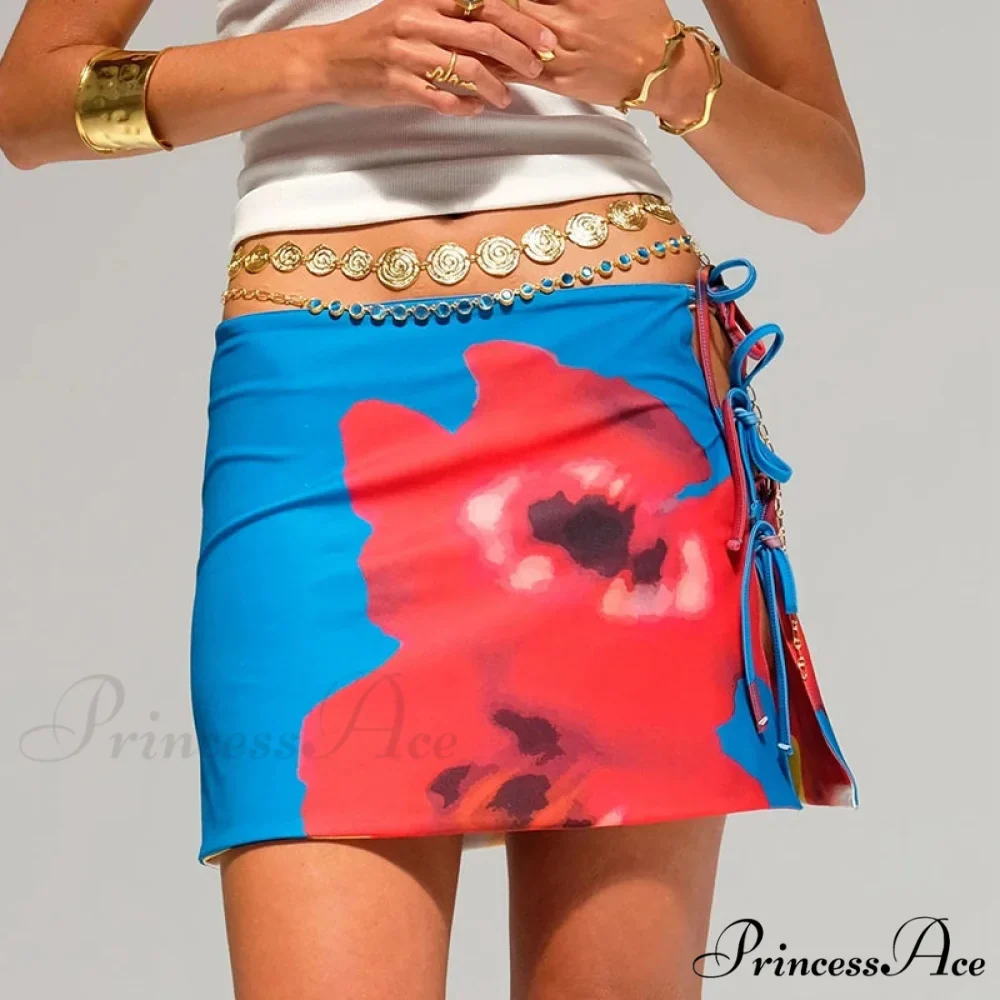 Multi-wear design Flower Pattern Mini Skirt Crop Tops Women Slim Low Waist Side Split Tie-Up Bodycon Skirt Y2K Vintage Streetwear - Image 3