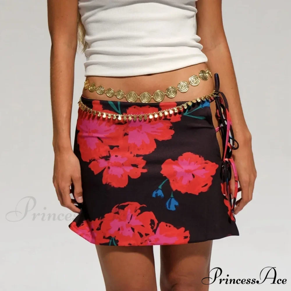 Multi-wear design Flower Pattern Mini Skirt Crop Tops Women Slim Low Waist Side Split Tie-Up Bodycon Skirt Y2K Vintage Streetwear - Image 4