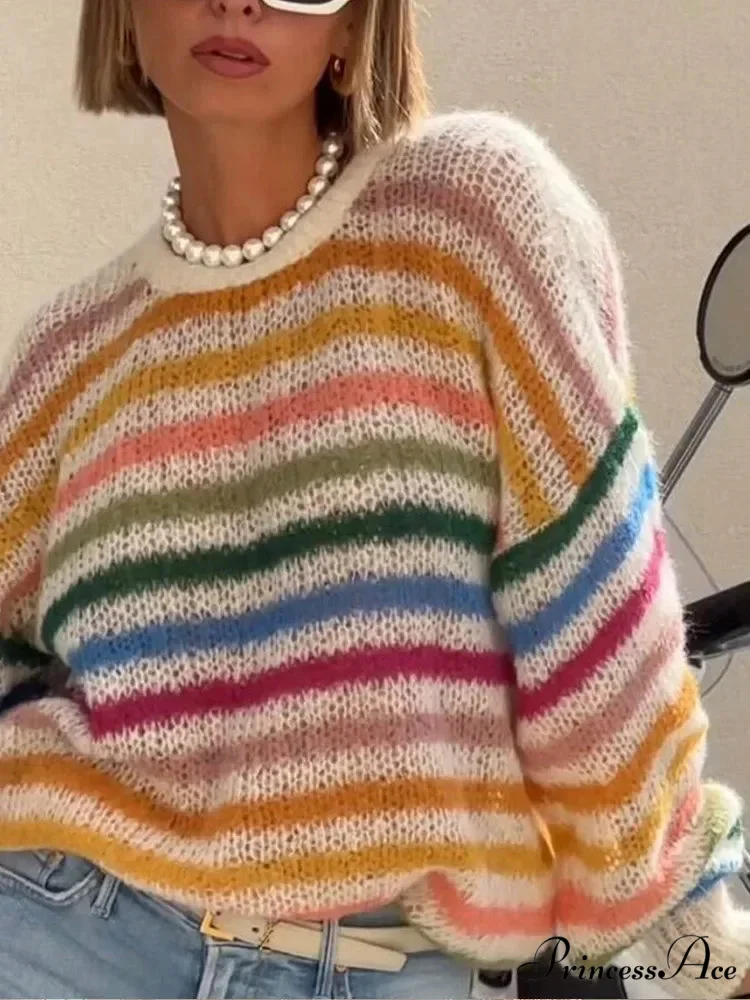 Multicolored Banded Crew Neck Sweater - Image 4