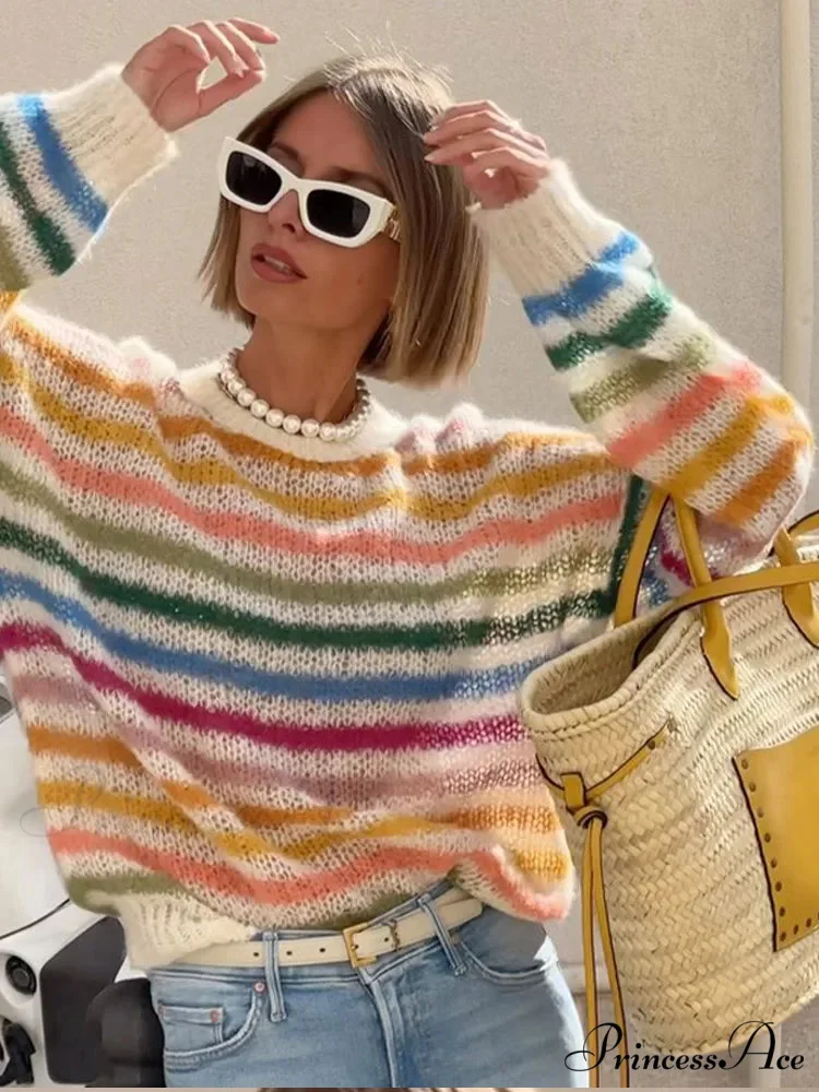 Multicolored Banded Crew Neck Sweater - Image 6