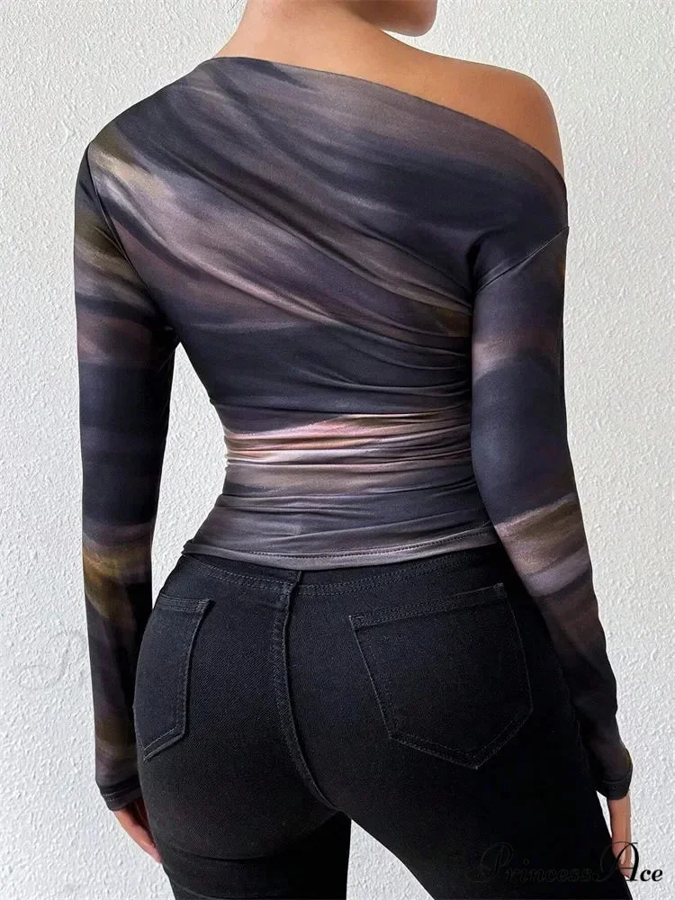Multicolored Single Shoulder Form-Fitting Long Sleeve Knit Top - Image 2