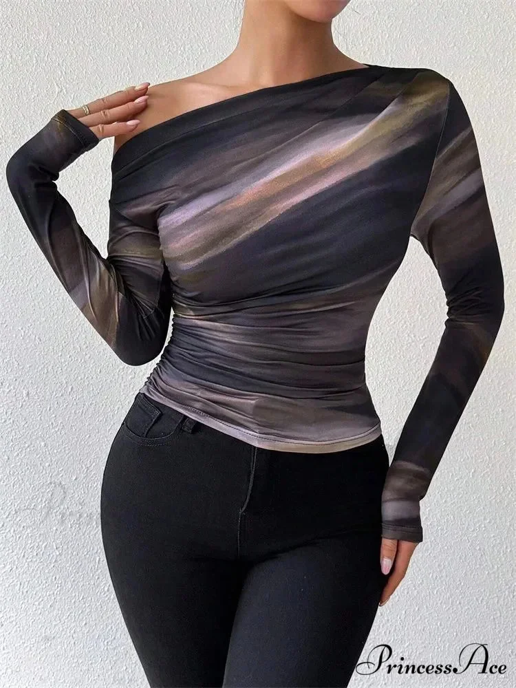 Multicolored Single Shoulder Form-Fitting Long Sleeve Knit Top - Image 4