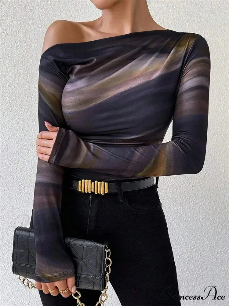 Multicolored Single Shoulder Form-Fitting Long Sleeve Knit Top - Image 5