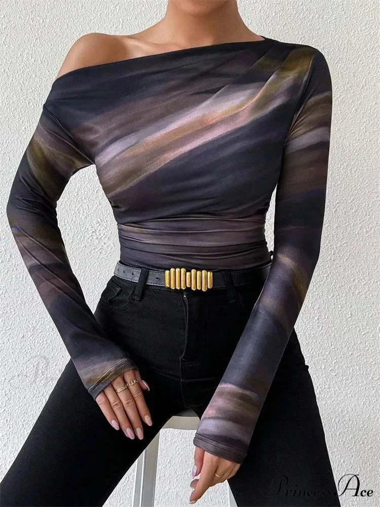 Multicolored Single Shoulder Form-Fitting Long Sleeve Knit Top - Image 6