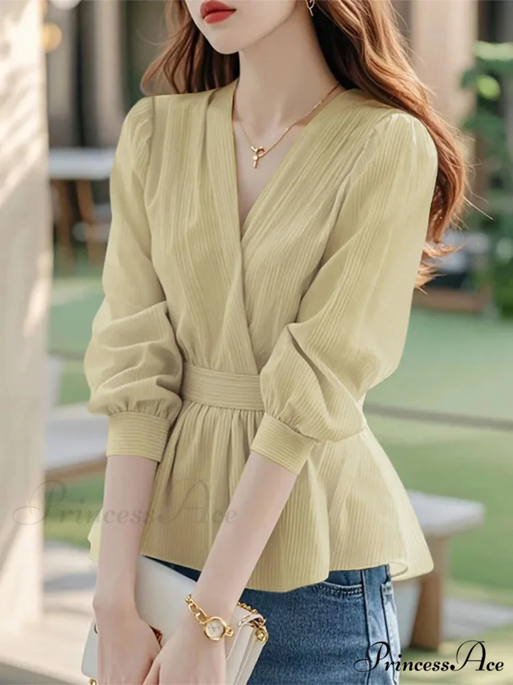 Narrowed Striped Lantern Sleeve Tunic Blouse - Image 5