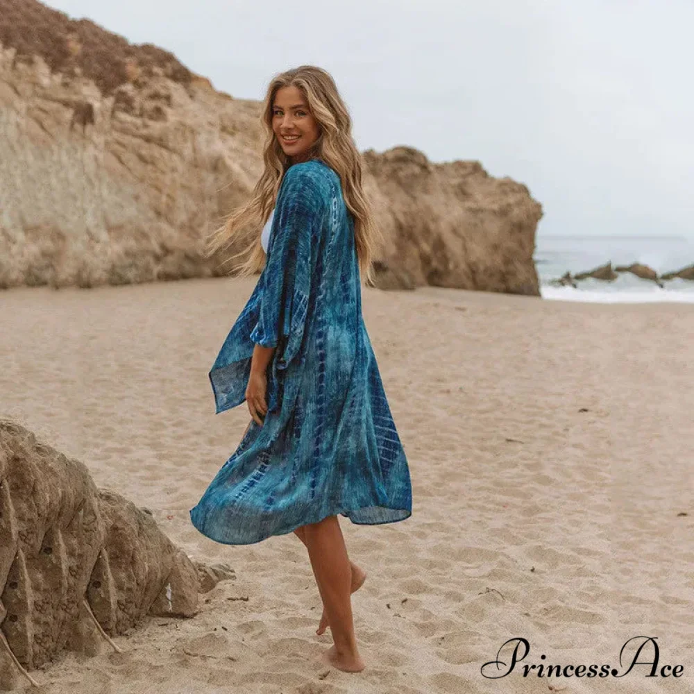 Navy Cotton Pattern Bohemian Kimono Swimsuit Cover Up - Image 2