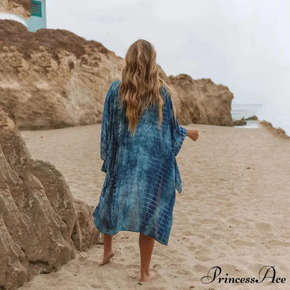 Navy Cotton Pattern Bohemian Kimono Swimsuit Cover Up - Image 3
