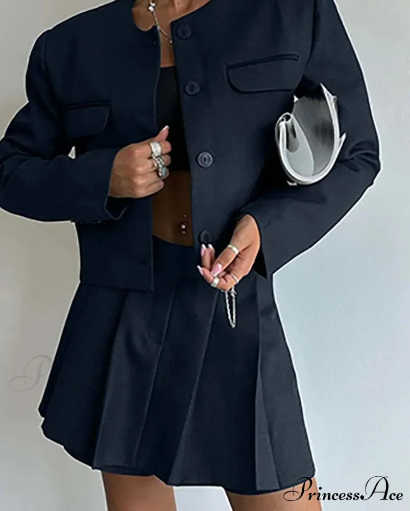 Navy Cotton Solo Buttoned Shorts Workplace Duo Ensemble - Image 2