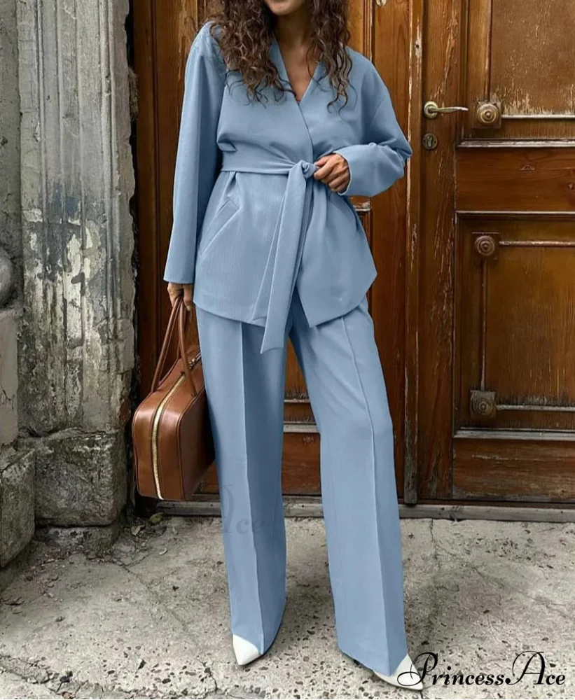 Navy Deep Neck Lace-Up Pants Workplace Two Piece Set - Image 2