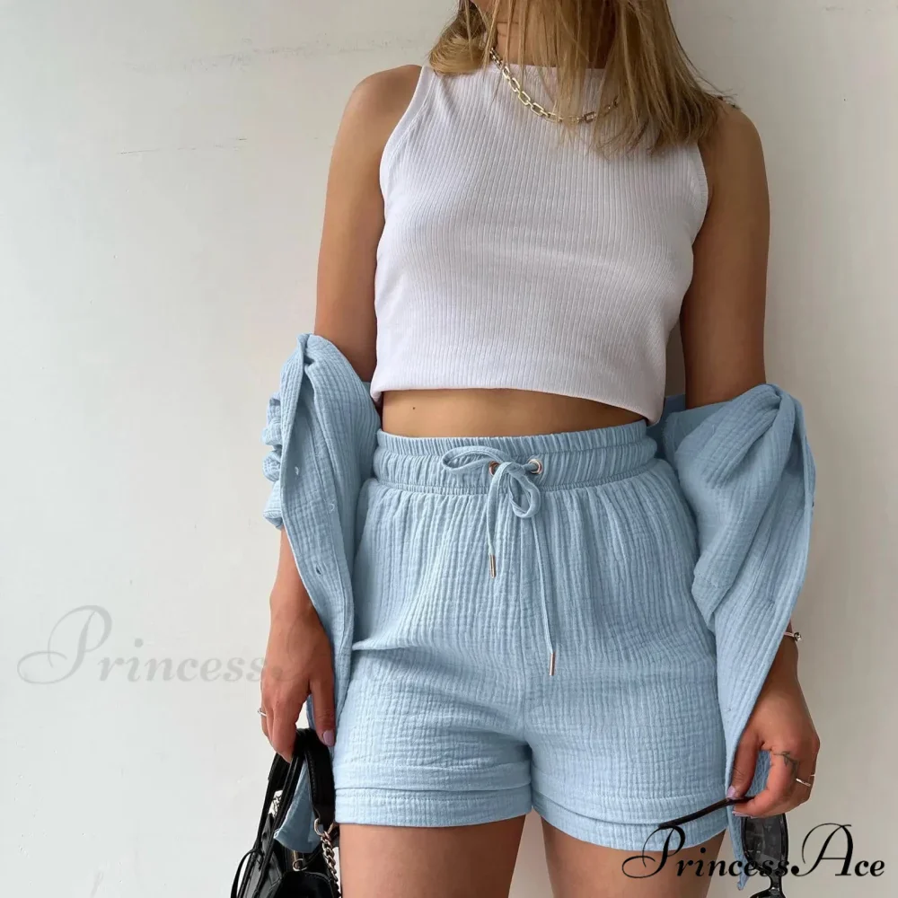 Navy Firm Drawstring Shorts Workplace Two Piece Set - Image 2