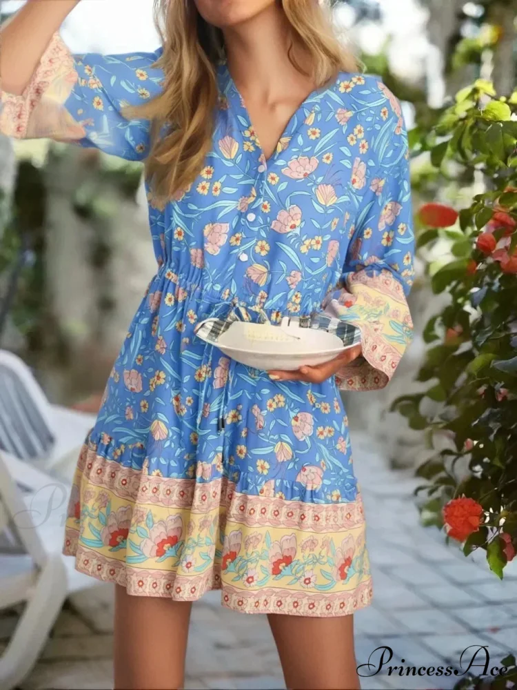 Navy Flower Pattern Flounce Sleeve Bohemian Dress - Image 2