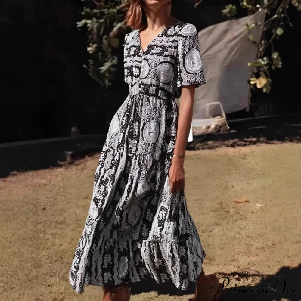 Navy Flower Pattern Frills Sleeve Rayon A-line Seaside Maxi Boho Dress - Image 2