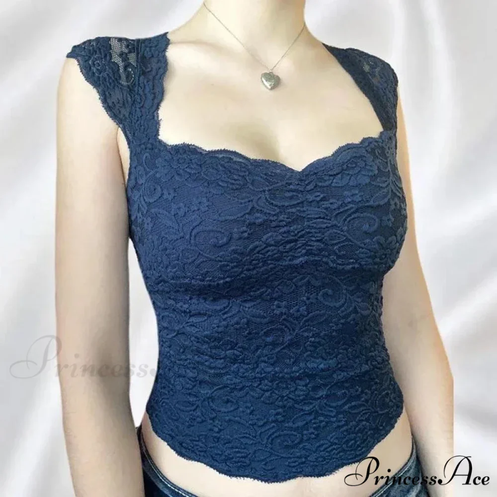 Navy Flowery Lace Milkmaid Y2K Crop Top - Image 2
