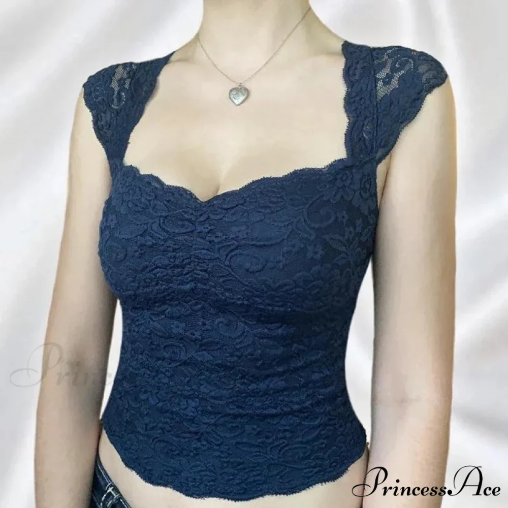 Navy Flowery Lace Milkmaid Y2K Crop Top - Image 3