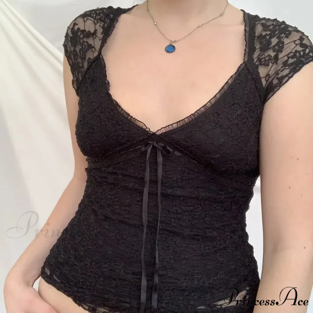 Navy Flowery Lace Milkmaid Y2K Crop Top - Image 4