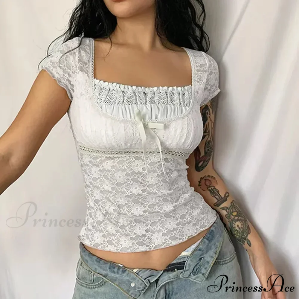 Navy Flowery Lace Milkmaid Y2K Crop Top - Image 6