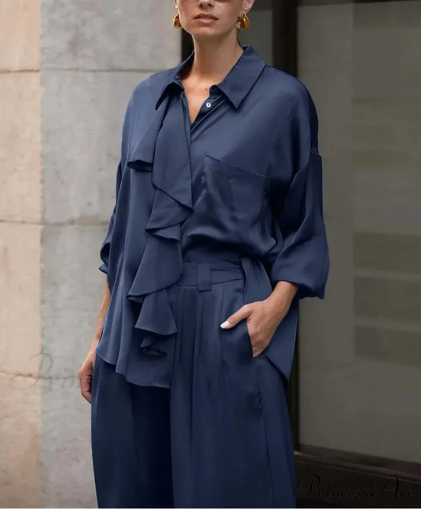 Navy Silk Frilled Blouse Trousers Workplace Two Piece Set - Image 2