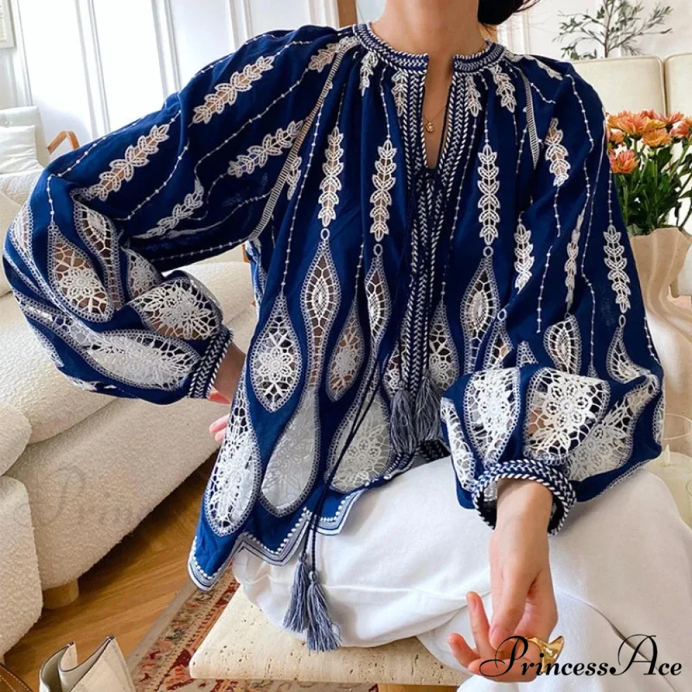 Navy Stitched Lantern Sleeve Ethnic Boho Top - Image 2