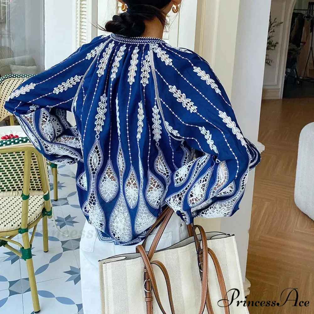 Navy Stitched Lantern Sleeve Ethnic Boho Top - Image 3