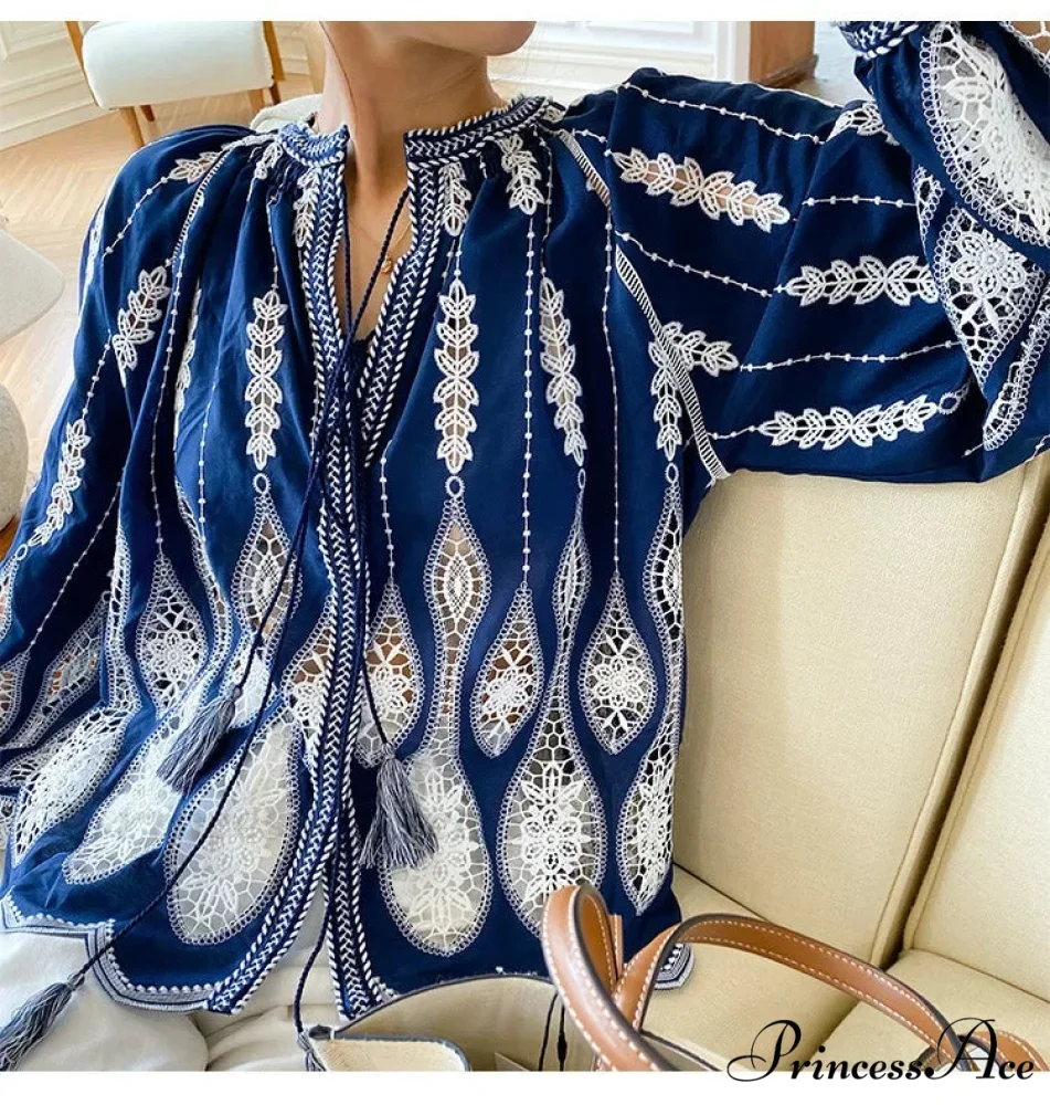 Navy Stitched Lantern Sleeve Ethnic Boho Top - Image 4
