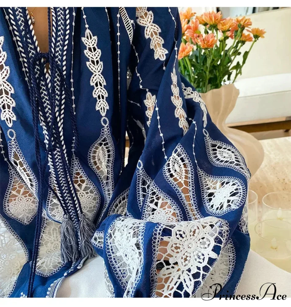 Navy Stitched Lantern Sleeve Ethnic Boho Top - Image 5