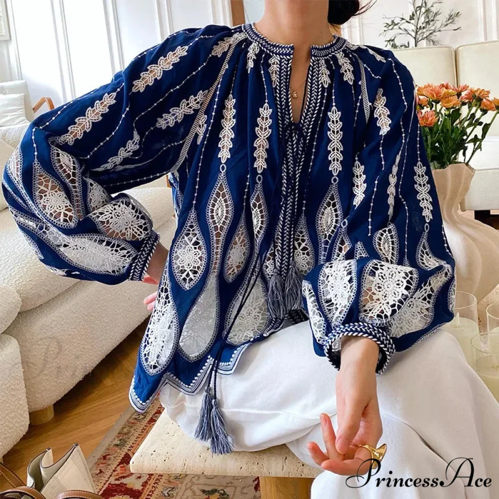 Navy Stitched Lantern Sleeve Ethnic Boho Top - Image 6