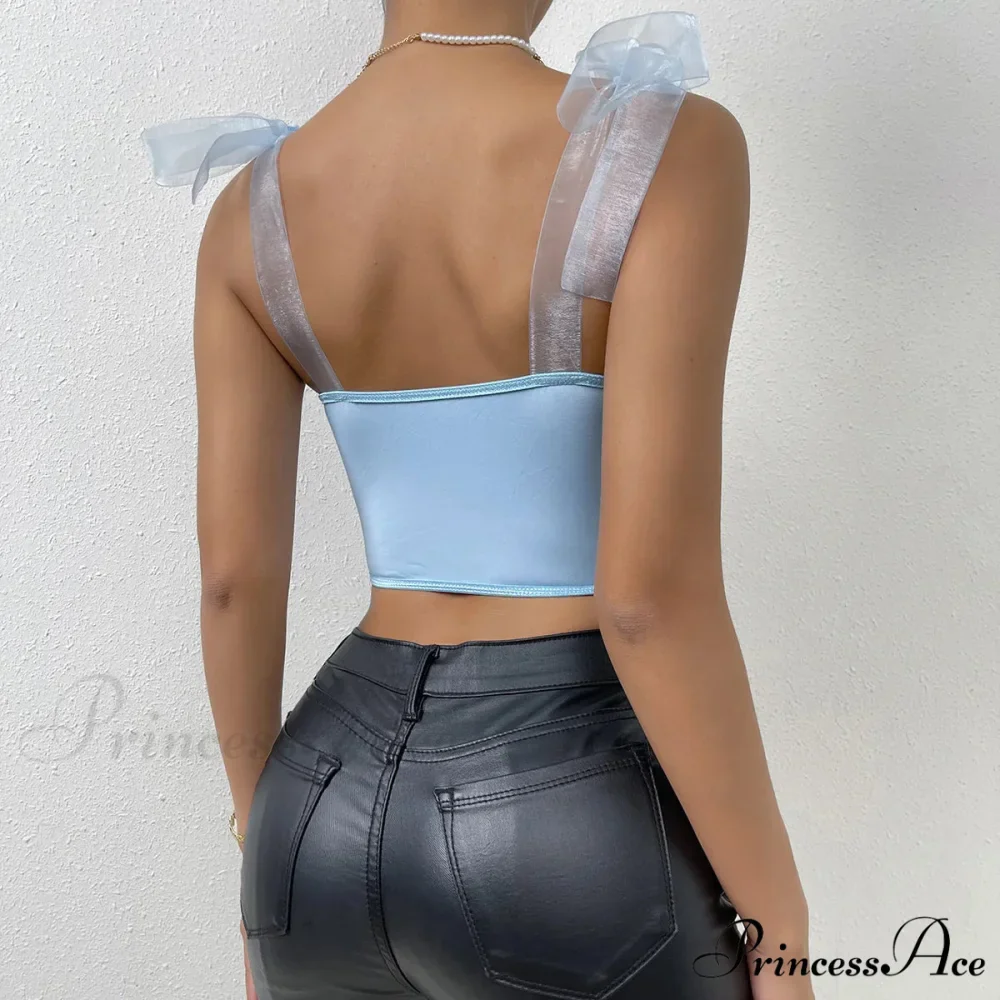 Net Bow Flower Corset Fishbone Crop Top - Image 2