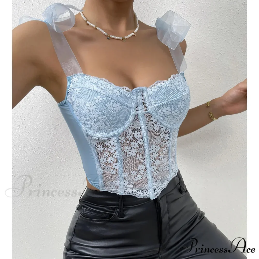 Net Bow Flower Corset Fishbone Crop Top - Image 4