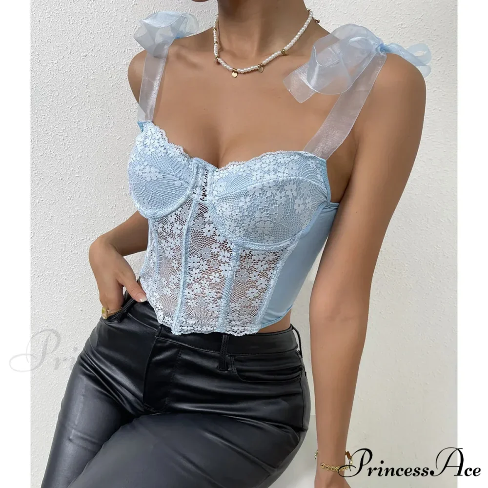 Net Bow Flower Corset Fishbone Crop Top - Image 5