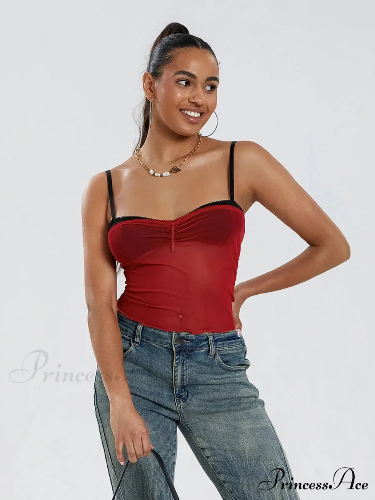 Net Gathered Hue Patch Spaghetti Strap Crop Top - Image 10