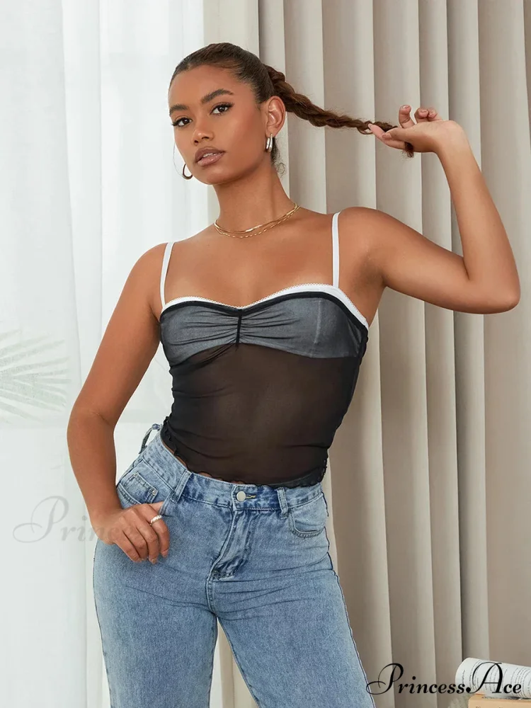 Net Gathered Hue Patch Spaghetti Strap Crop Top - Image 7